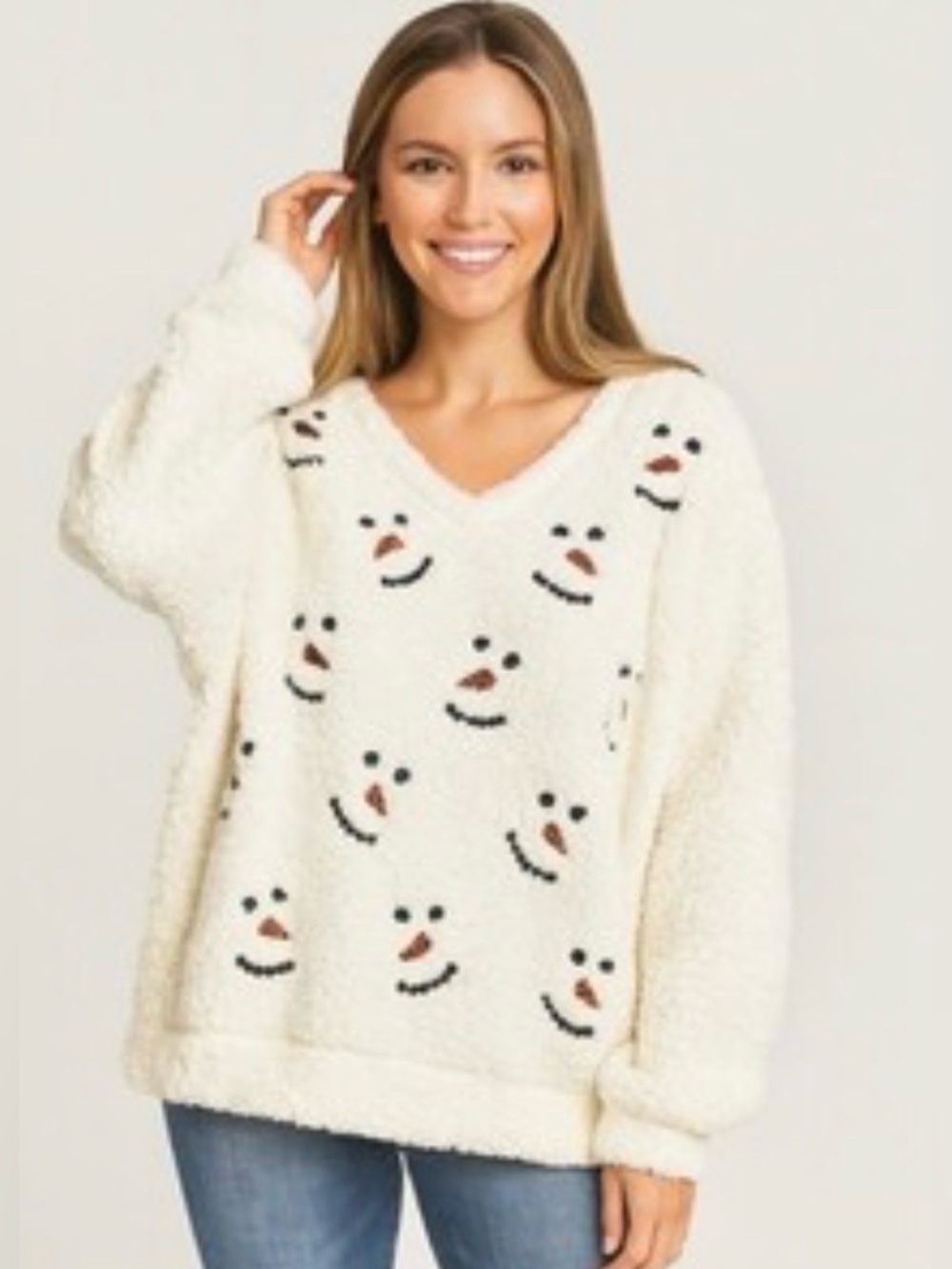 NWT Chance or Fate Women's Snowman Sequin Sherpa Pullover Sweater Size Small